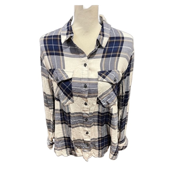 Sanctuary Blue and White Plaid Flannel Button Down Medium - Picture 1 of 6